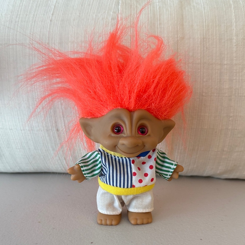 Vintage 90’s Ace Novelty Treasure Troll 4.5”  Orange Hair, Eyes & Belly Jewel